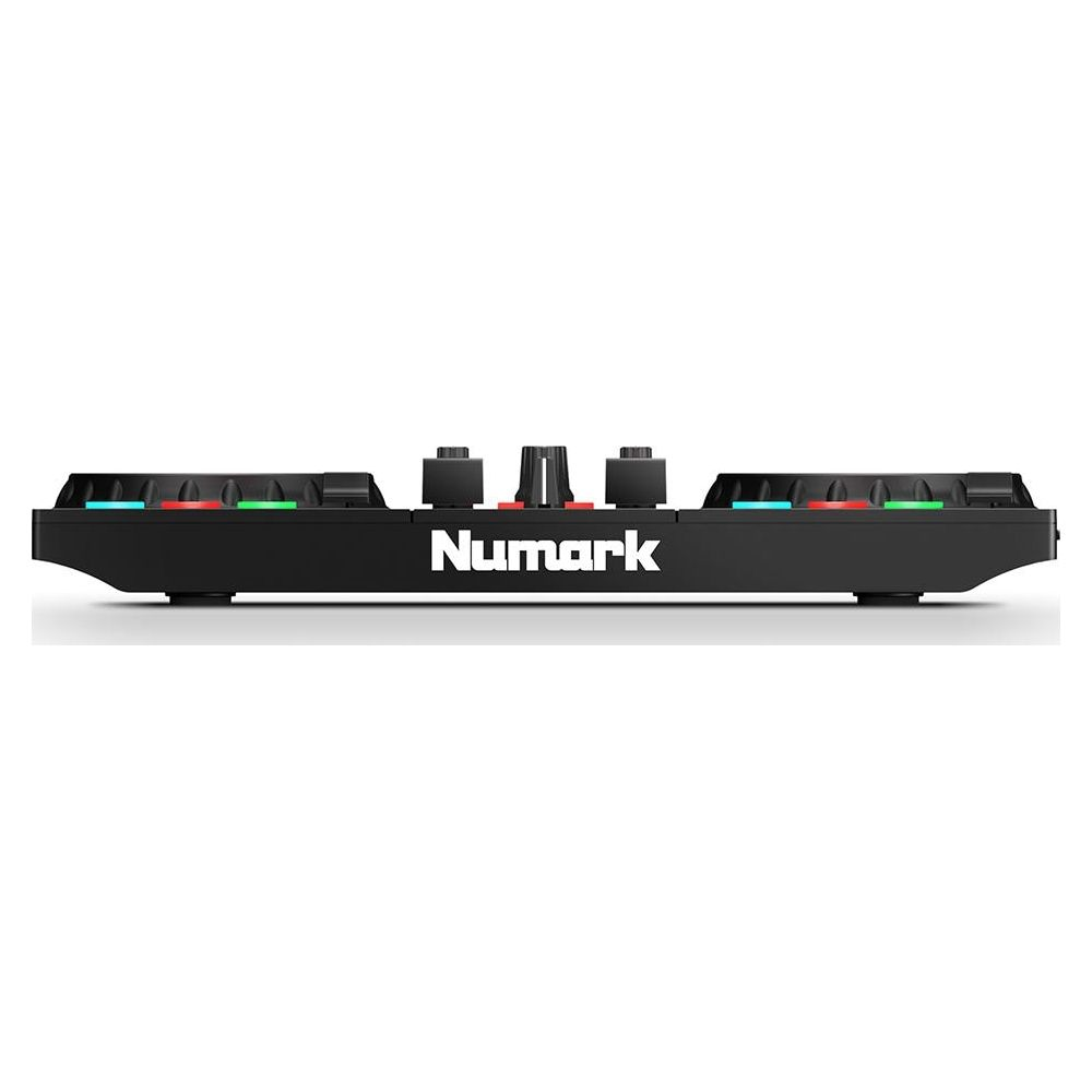 Schwarzes Numark DJ-Pult mit Knöpfen und beleuchteten Pads.