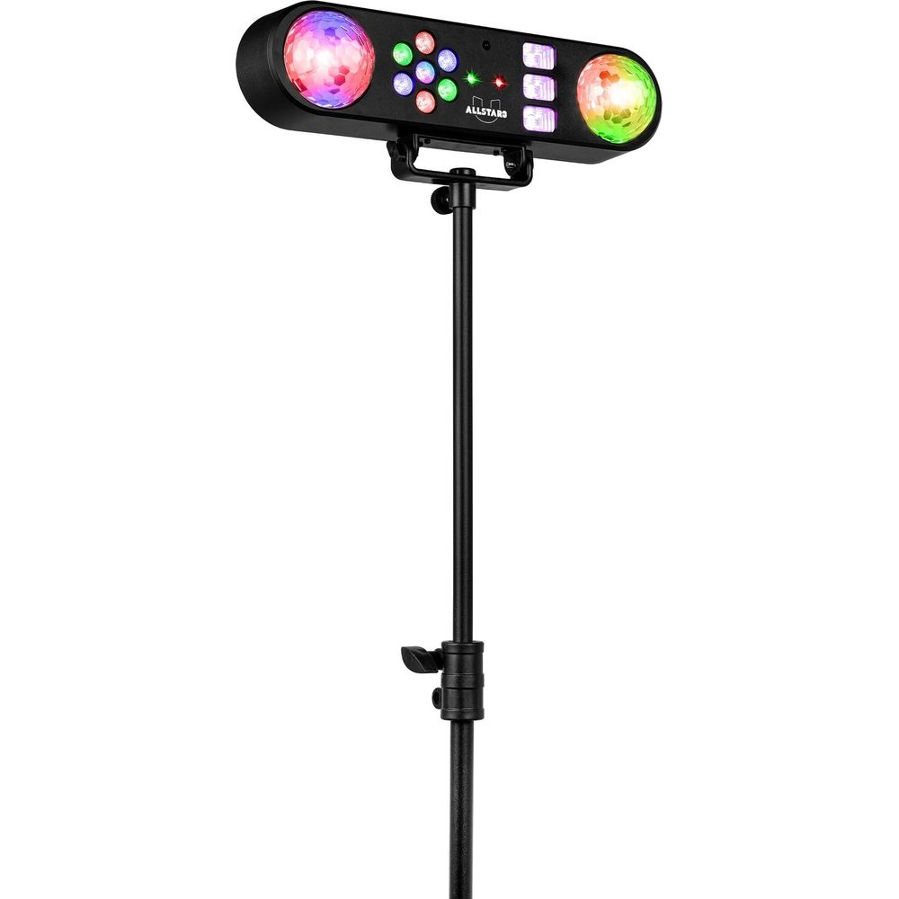 Un dispositivo de iluminación con luces de colores y un soporte.