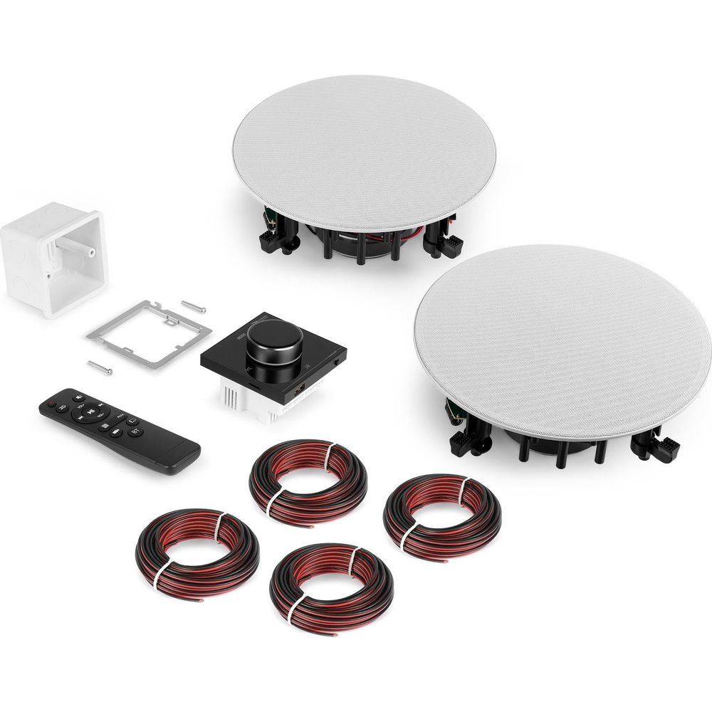 Altavoces empotrables, mando, control, cables y caja de montaje.