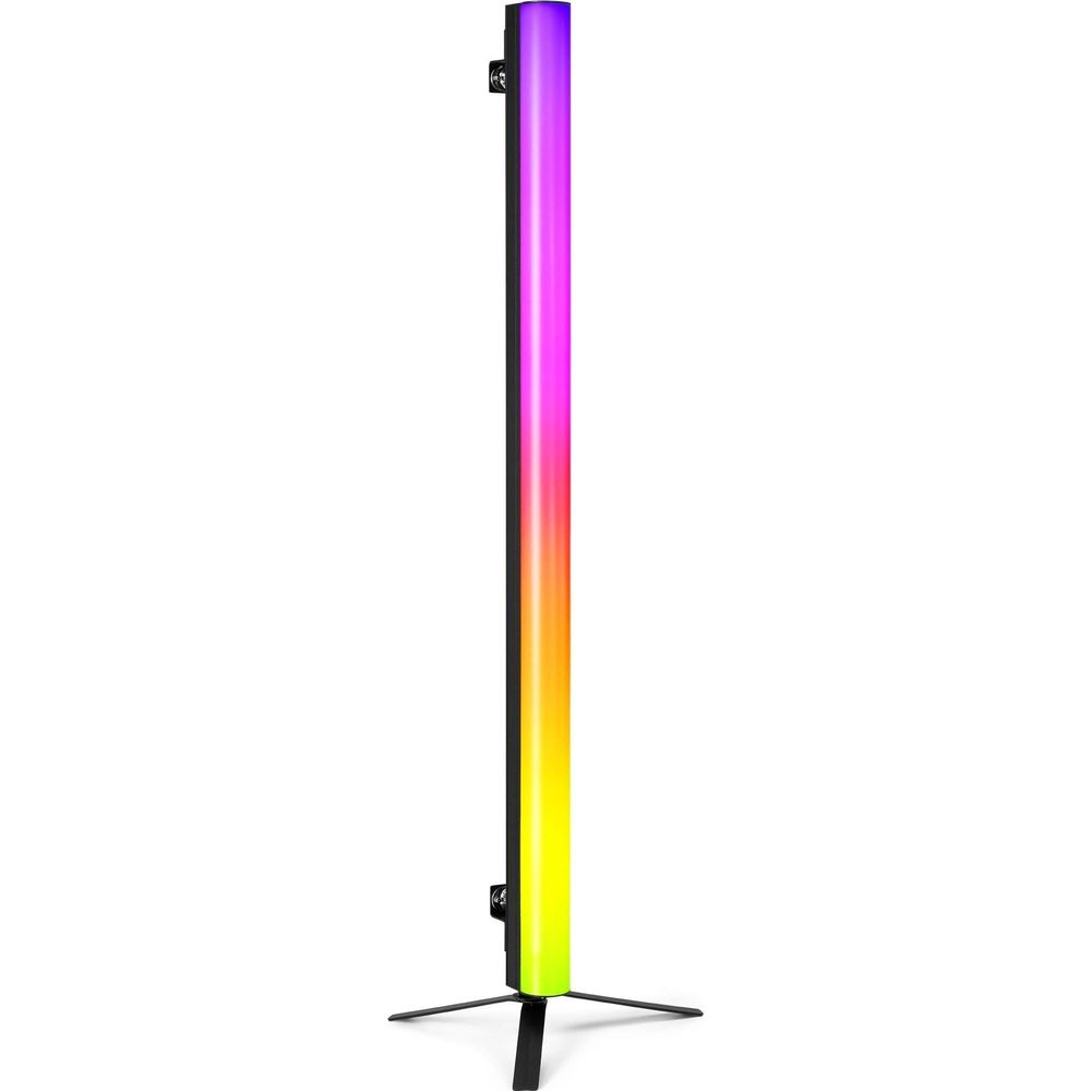 Una luz vertical con degradado de morado a rosa a amarillo sobre un trípode.