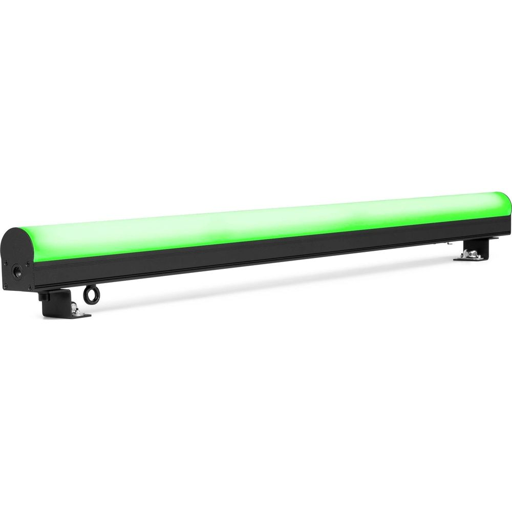 Una barra de luz negra con iluminación verde brillante sobre fondo blanco.