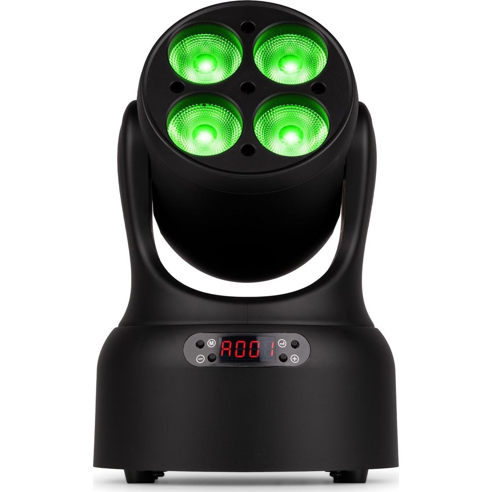 Foco negro con cuatro LEDs verde brillante y pantalla digital roja.