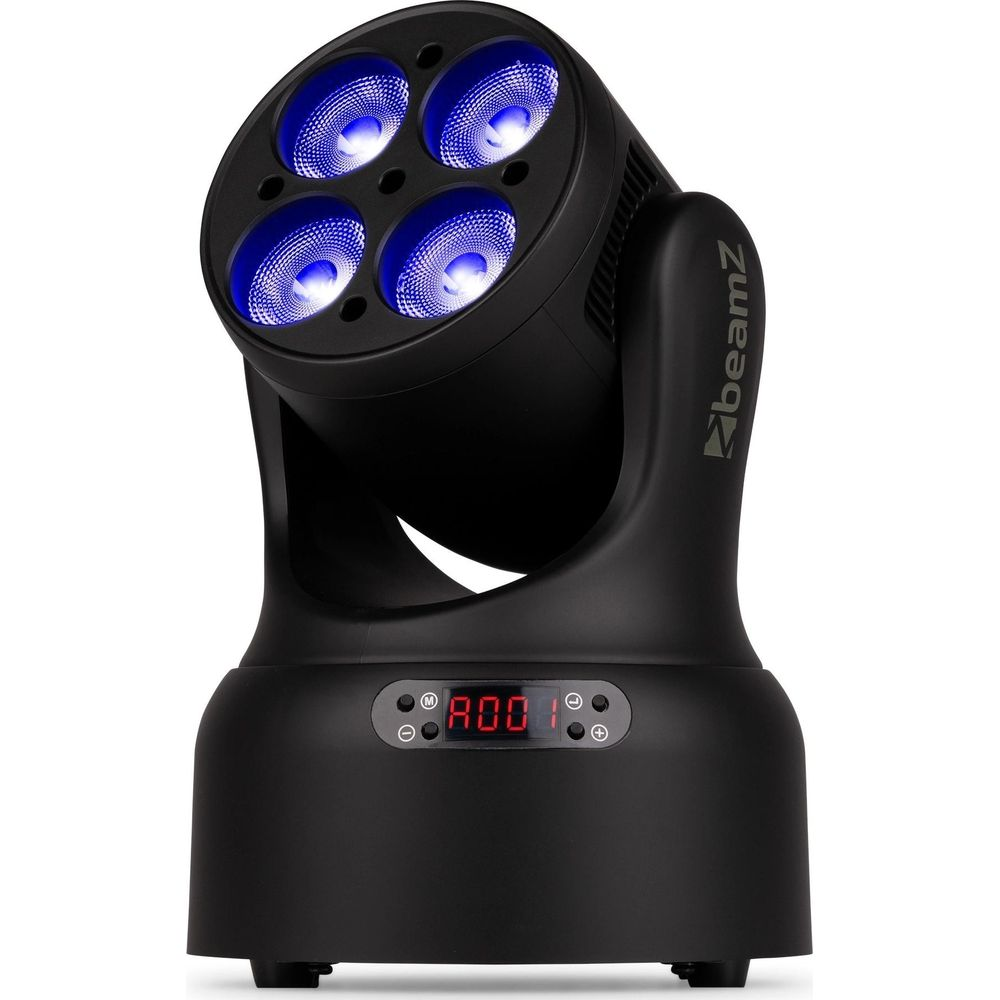Un foco negro con cuatro luces azules y una pantalla digital.