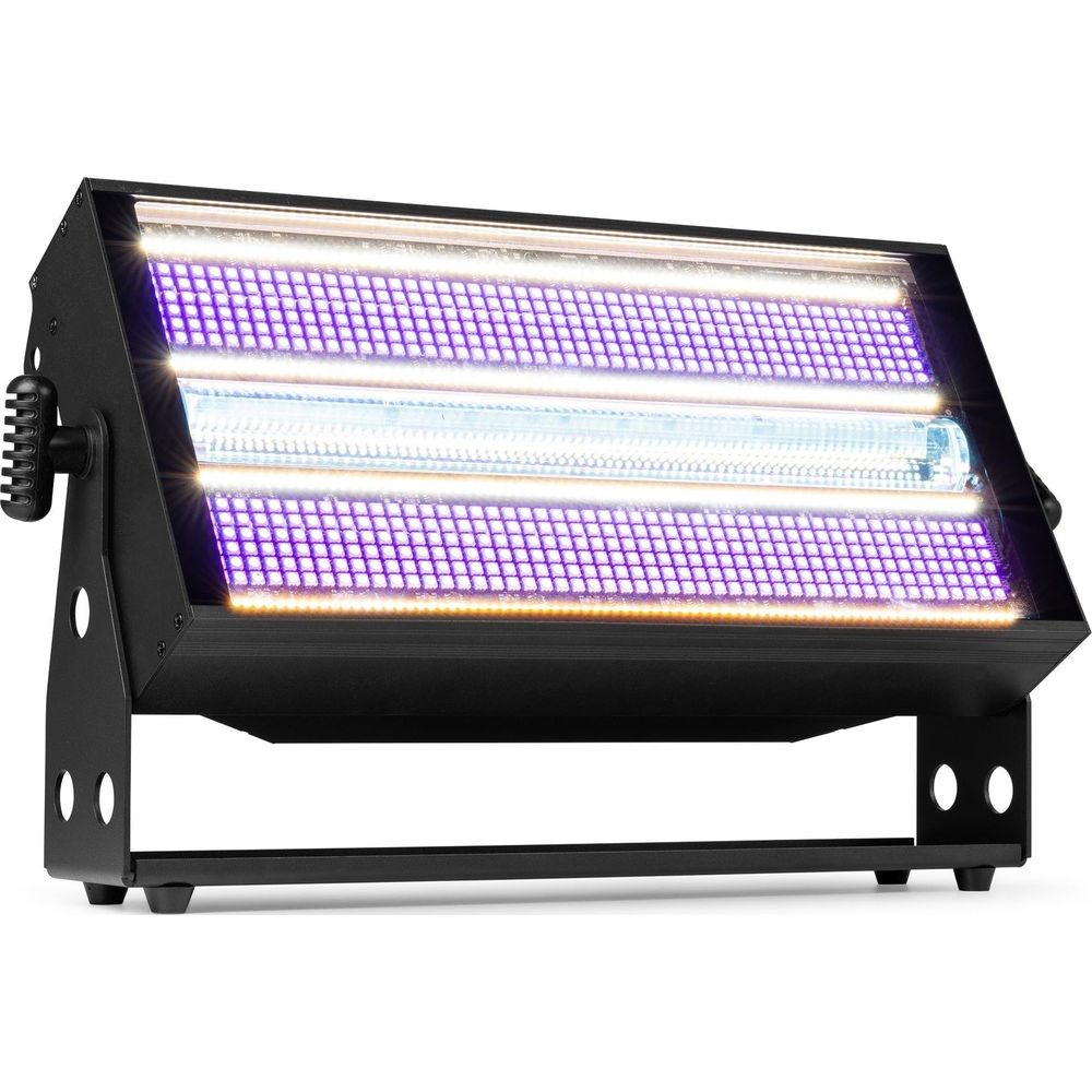 Una luz de escenario negra con LEDs morados y un tubo central.