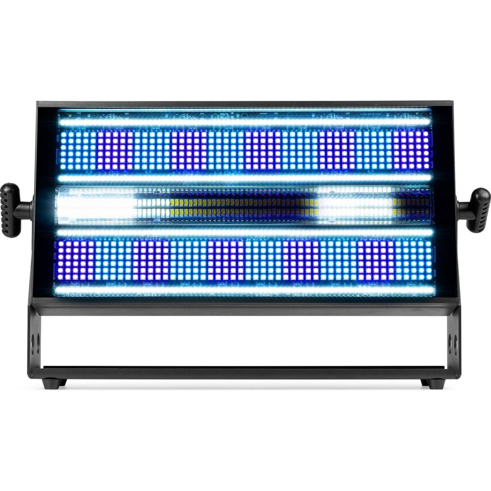 Una carcasa negra con luces azules y blancas y asas.