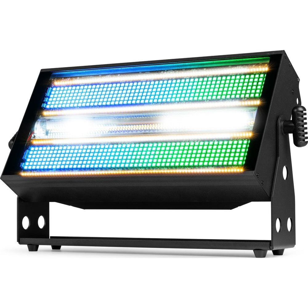 Un accesorio de efecto de luz negro con LEDs azules, verdes y blancos sobre un soporte.