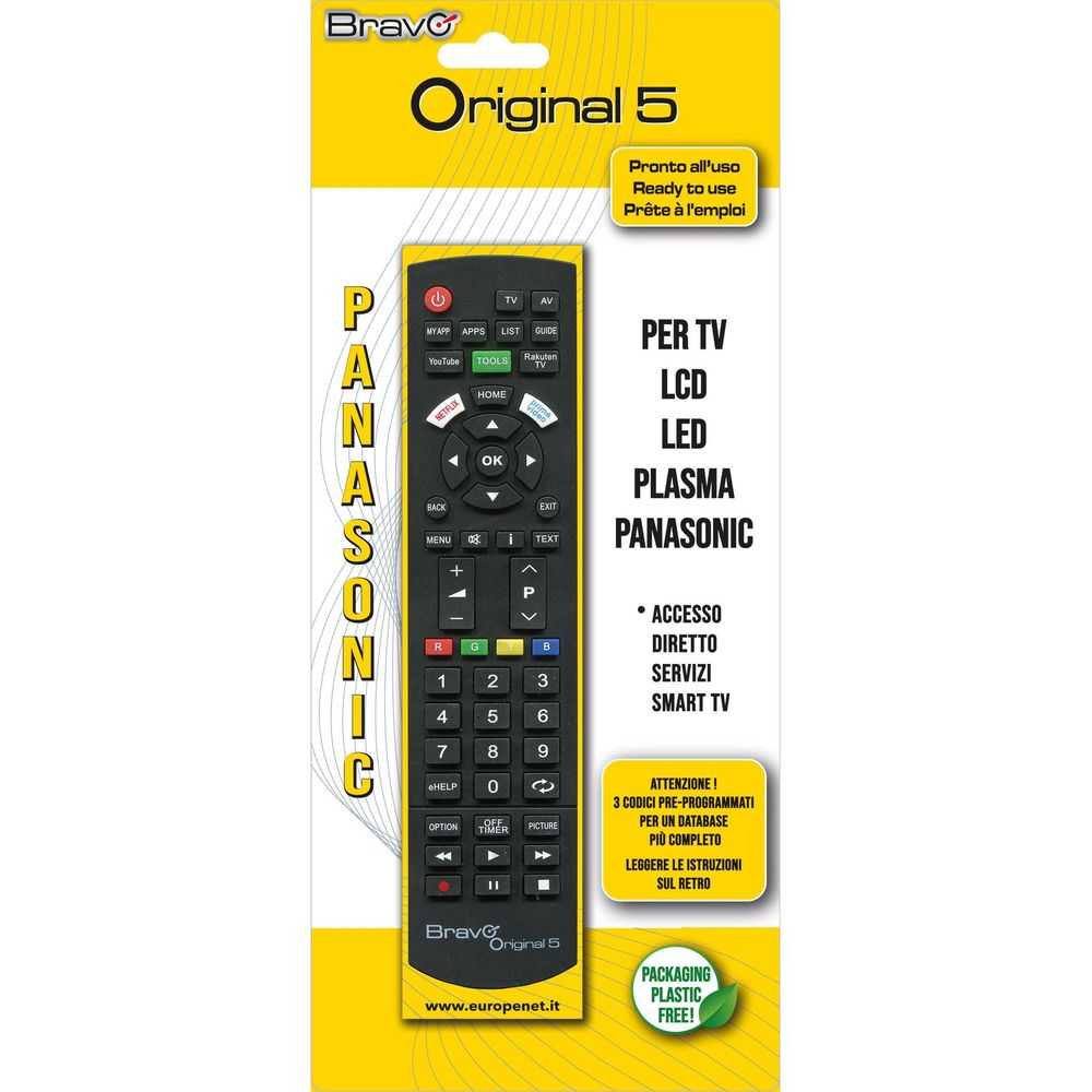 Una scatola gialla con un telecomando nero per TV Panasonic.
