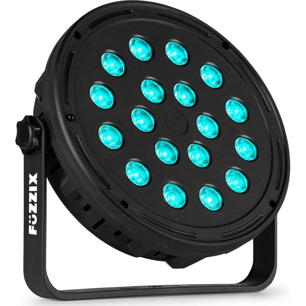 Un foco negro con 18 LEDs azules y un soporte en forma de U.