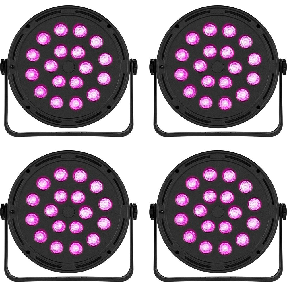 Cuatro luces redondas negras con muchos LEDs rosas pequeños.
