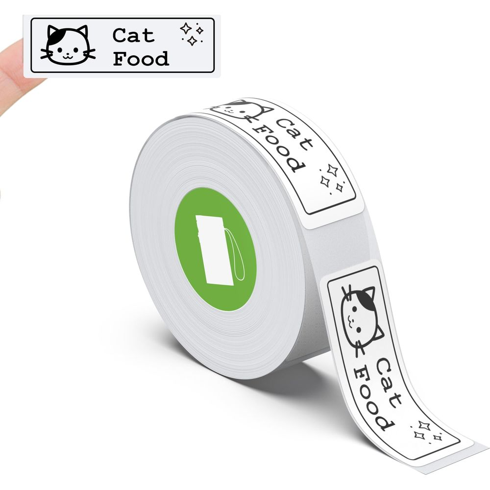 Eine Rolle mit Aufklebern für Katzenfutter mit Katzenbild.