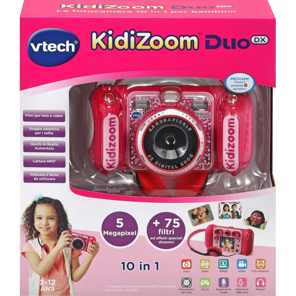 Fotocamera Vtech Kidizoom Duo DX rossa con funzioni foto, video e giochi.