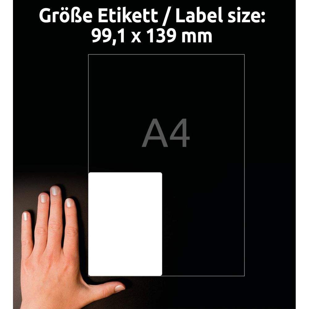 Eine Hand neben einem weißen Etikett und einem A4-Blatt.