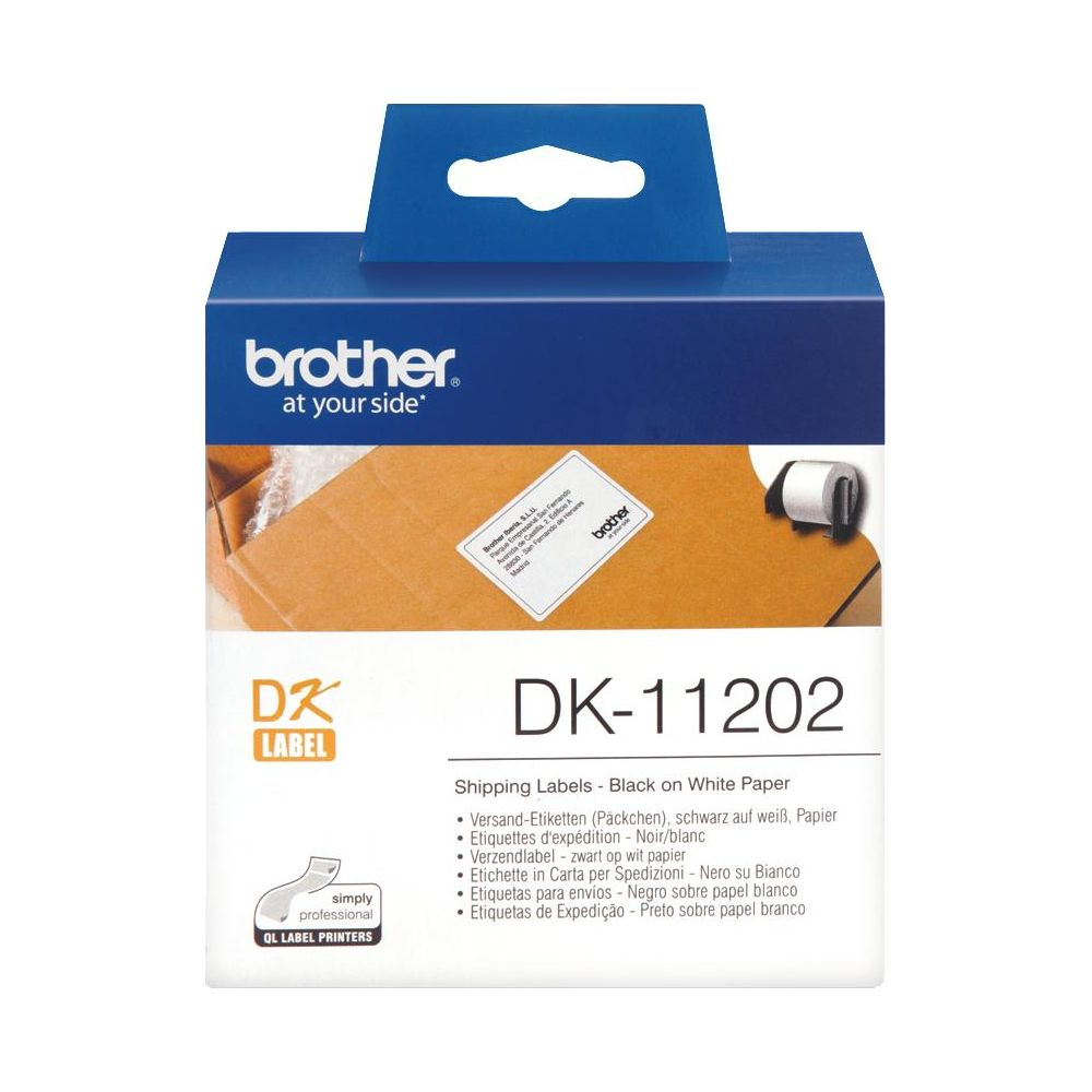 Brother DK-11202 Versandetiketten auf weißem Papier, schwarze Schrift.