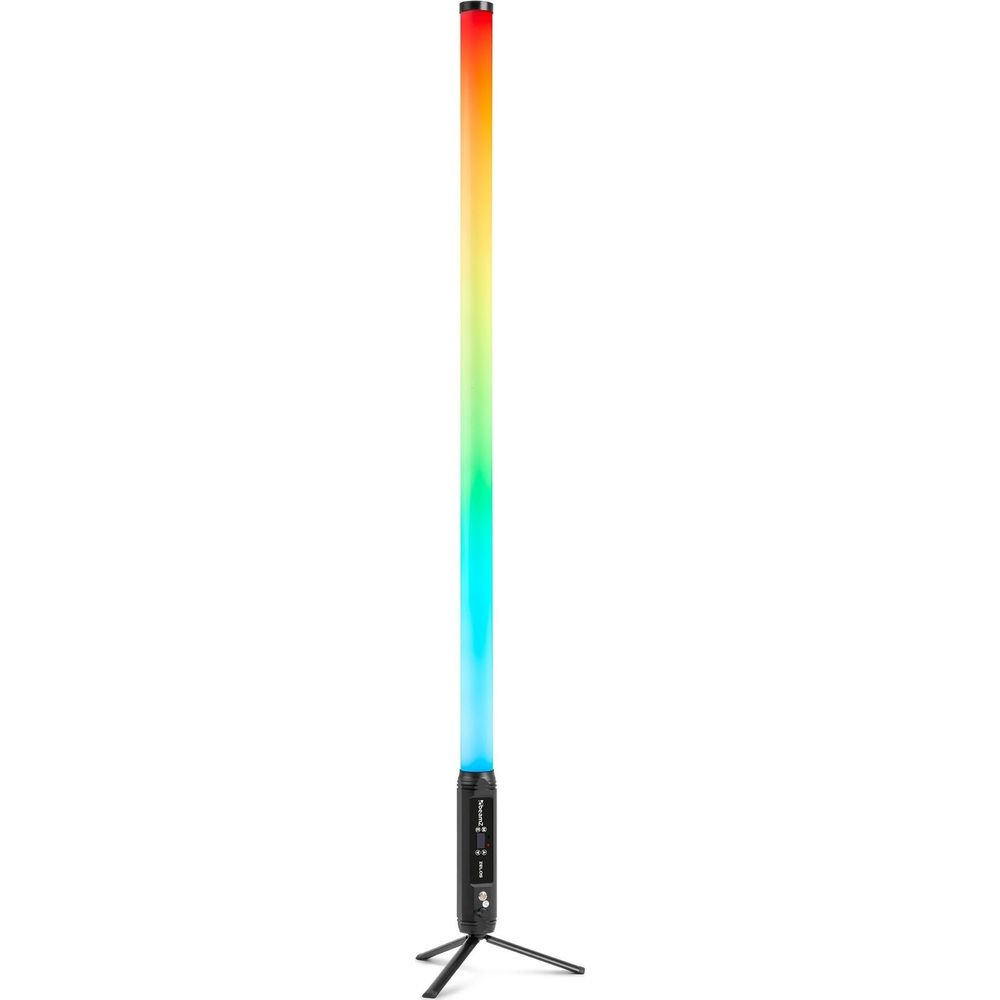 Una barra de luz alta y delgada con gradiente de color de rojo a amarillo, verde y azul, sobre un trípode.