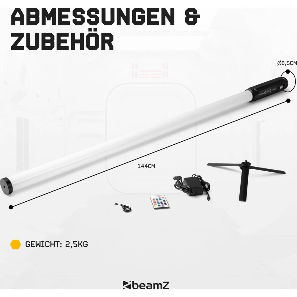 Una barra de luz blanca larga con accesorios, dimensiones y peso.