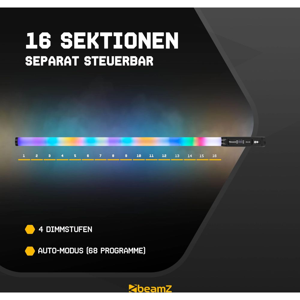 Una barra de luz con 16 secciones controlables, brillando en colores arcoíris.