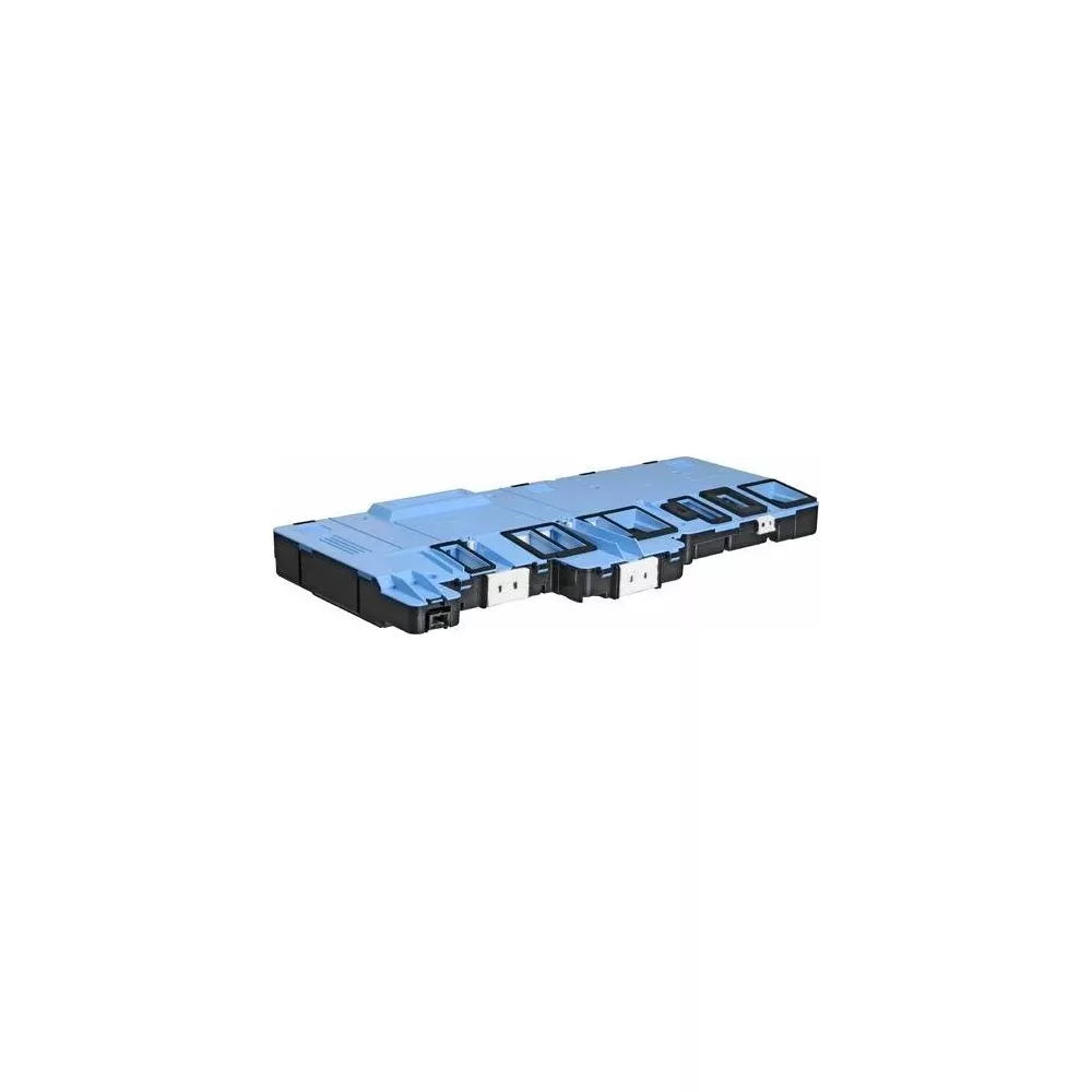 Een lichtblauwe en zwarte plastic component met meerdere uitsparingen en connectoren.