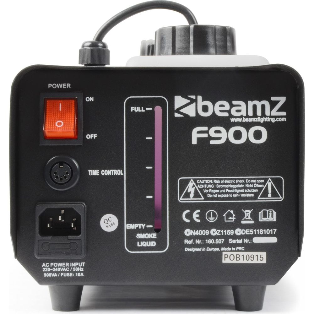 Máquina de humo F900 con interruptor de encendido, control de tiempo y indicador de nivel.