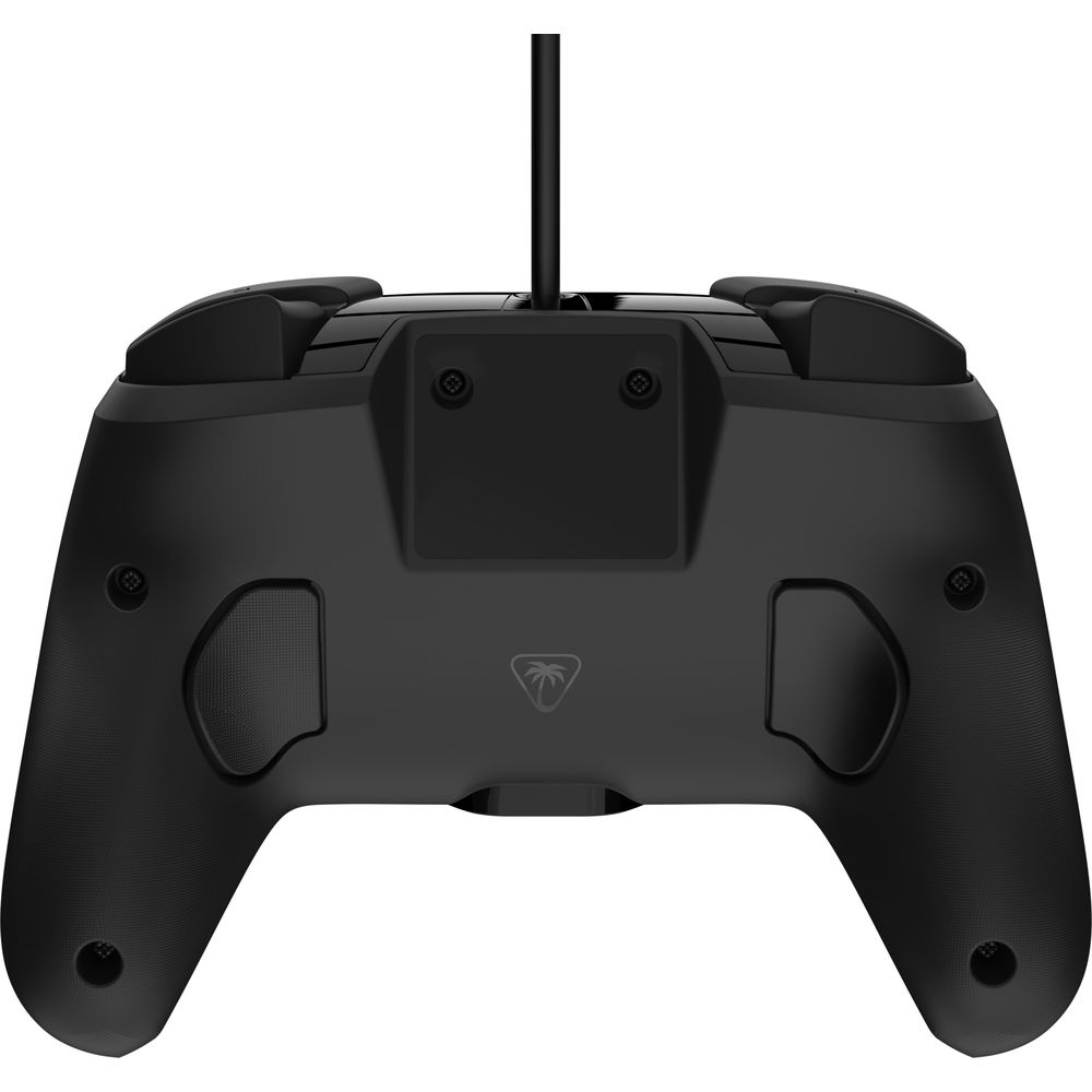 Schwarzer Gaming-Controller von hinten mit Kabel und Logo.