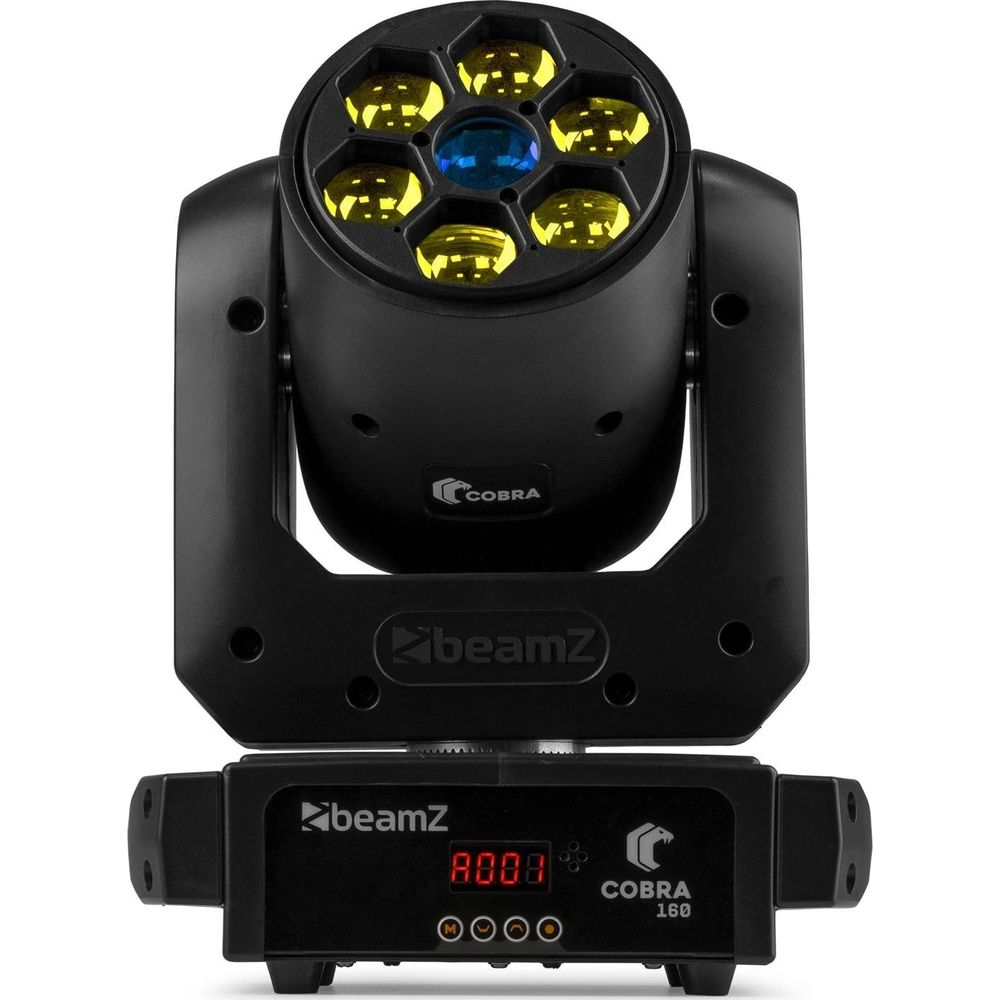 Foco negro de cabeza móvil con 6 LEDs amarillos y lente azul.