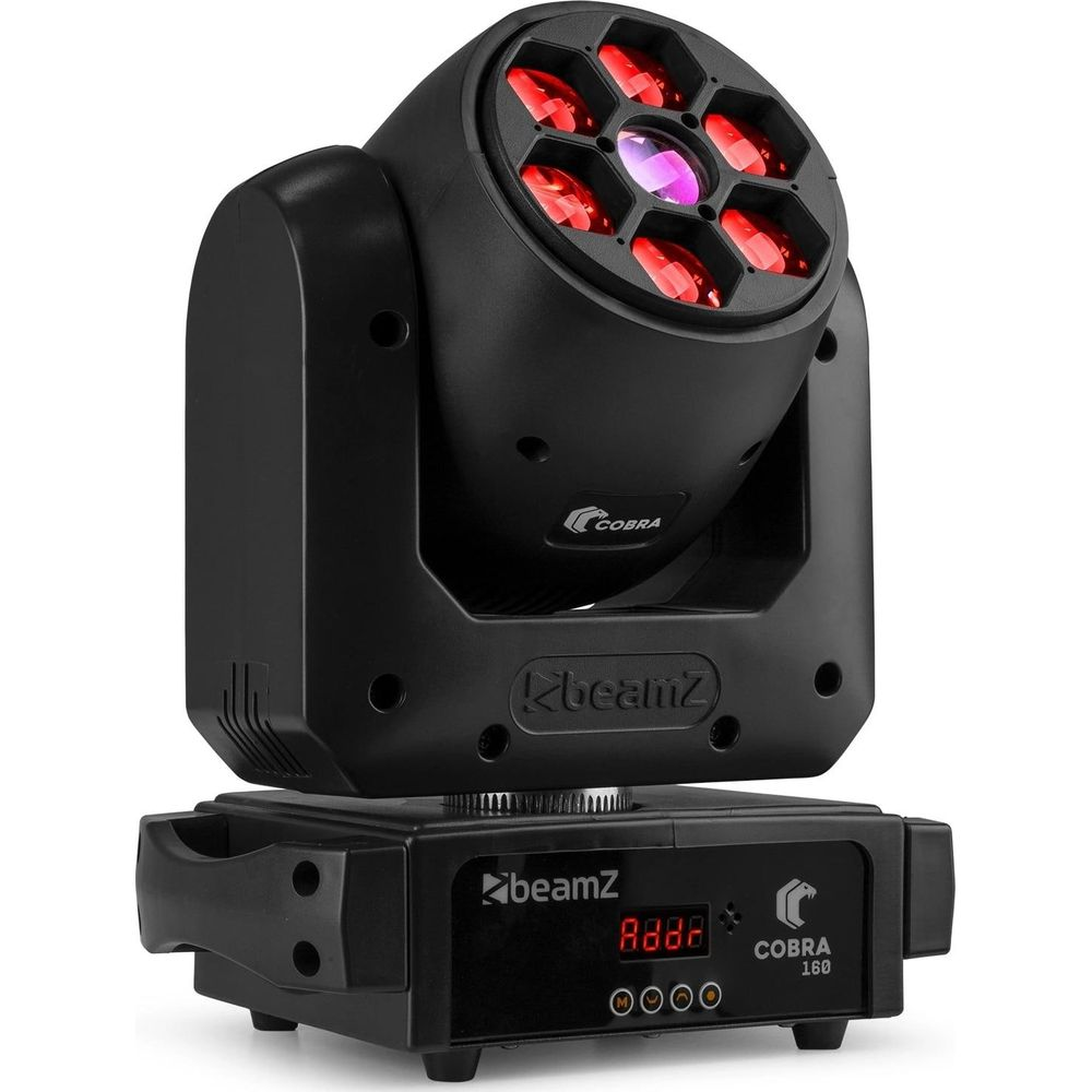 Foco negro con luces rojas y logo BeamZ en la base.