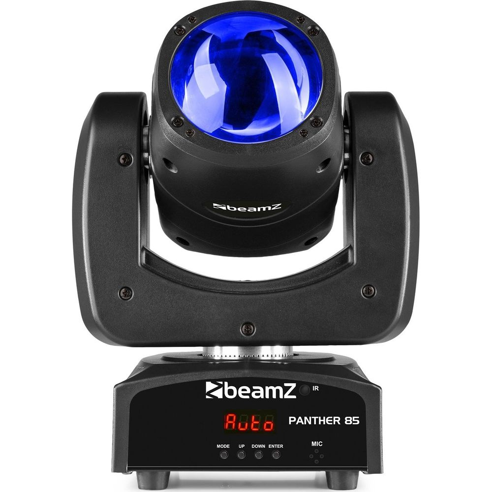 Se muestra una luz de cabeza móvil BeamZ Panther 85 negra con luz LED azul.