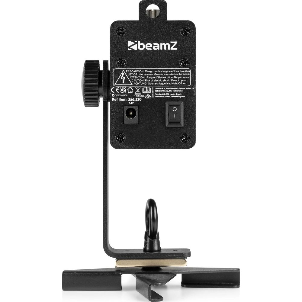 Dispositivo BeamZ negro con puertos, interruptor y soporte de montaje.