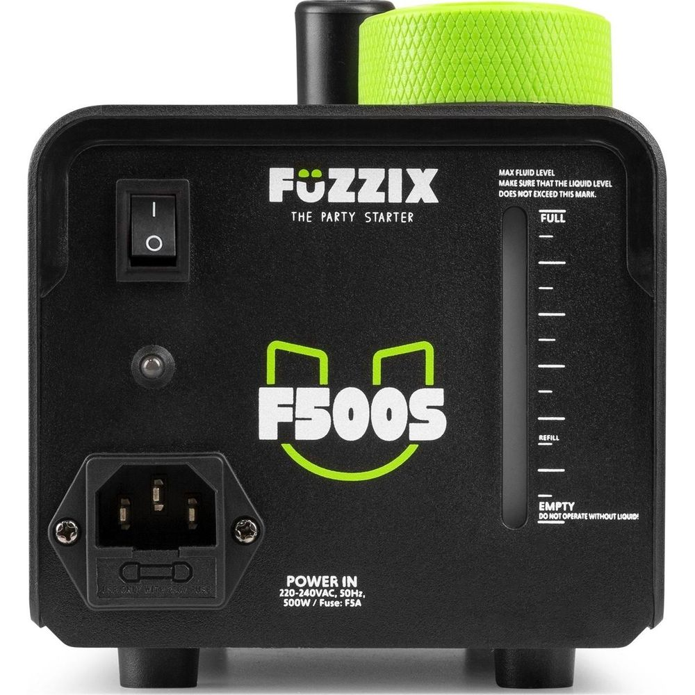 Máquina de humo Fuzzix F500S negra con entrada de corriente e indicador de nivel.