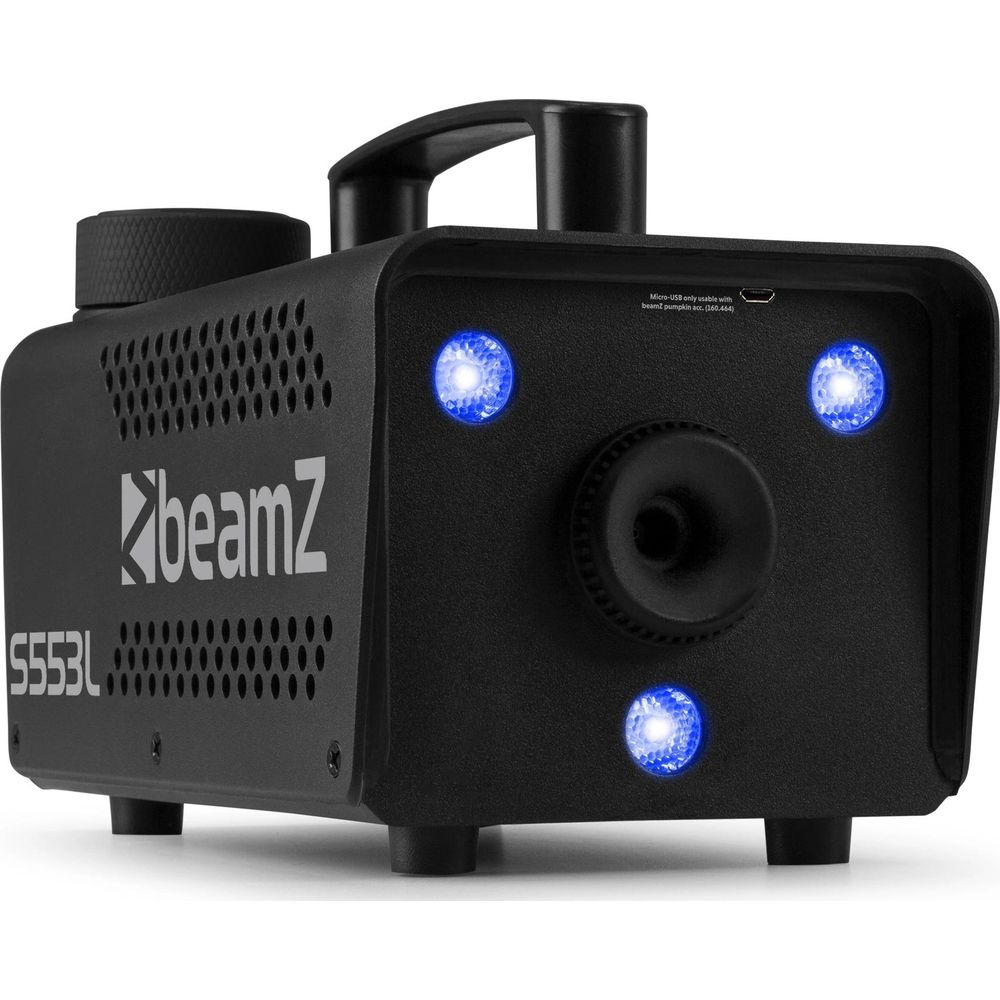 Máquina de humo BeamZ negra con LEDs azules y boquilla frontal.