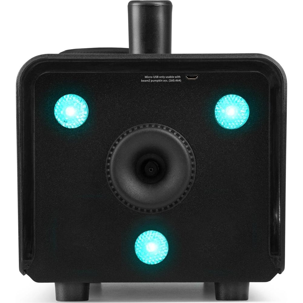 Dispositivo negro con tres luces azules, un altavoz y un asa superior.