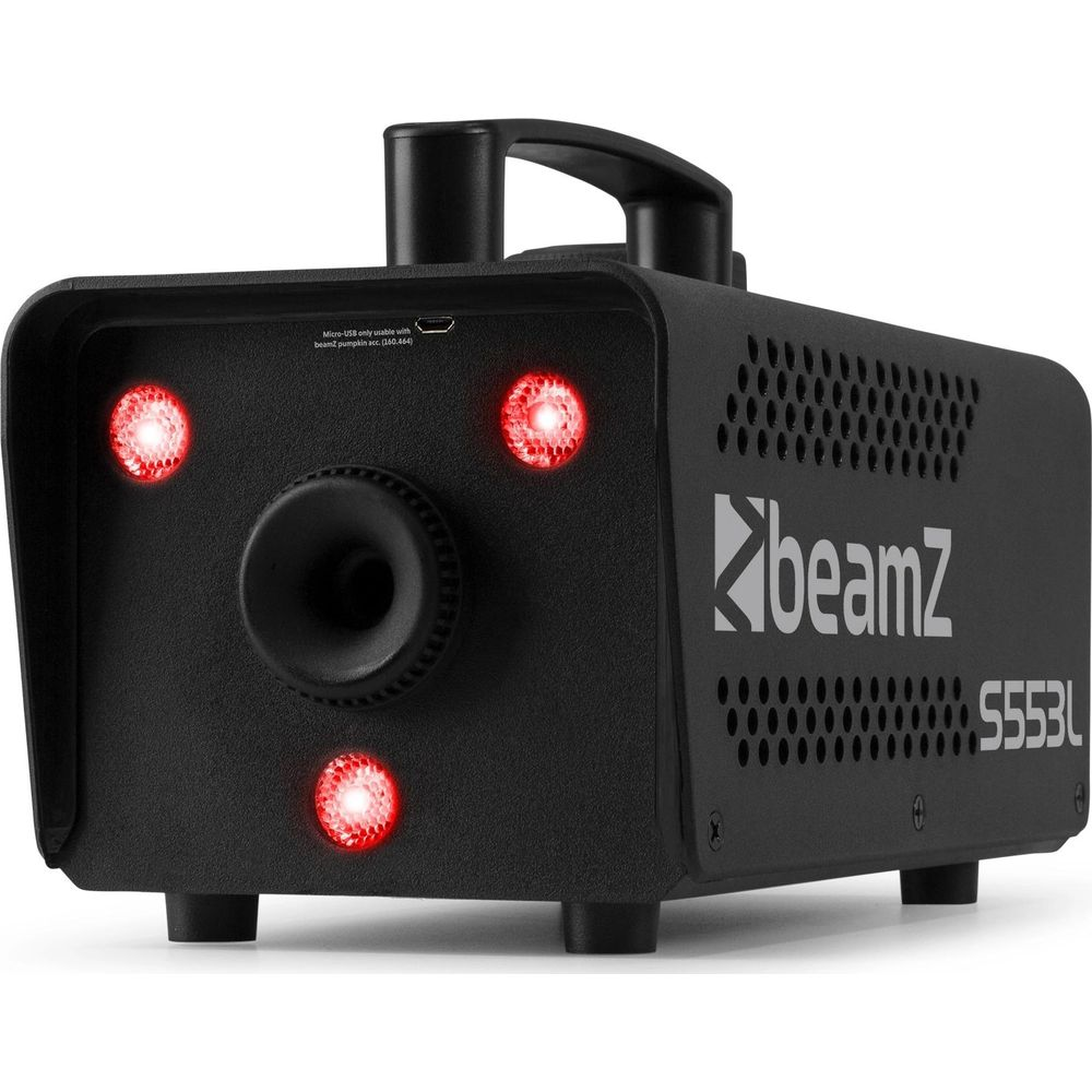 Máquina negra de humo o burbujas con LEDs rojos y boquilla.