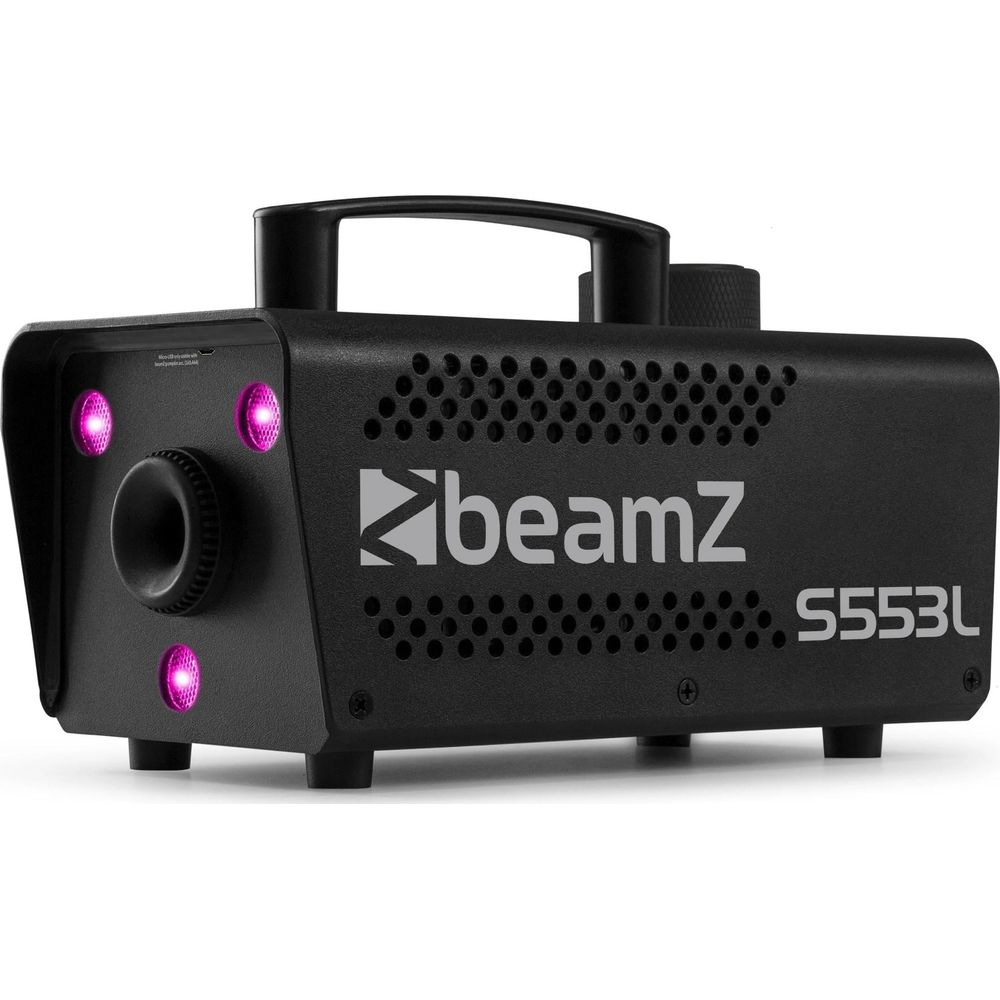 Máquina de humo negra con luces rosas y logo BeamZ.