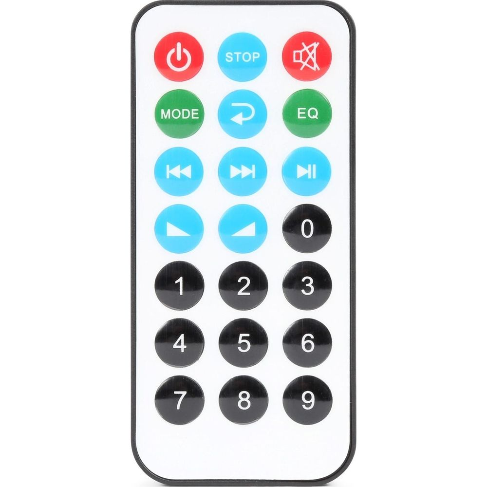 Un control remoto con botones numéricos y botones de control.