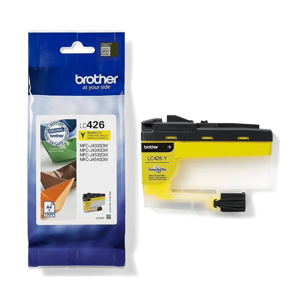 Oryginalny tusz Brother LC426Y i opakowanie. Żółty tusz po lewej, opakowanie po prawej.