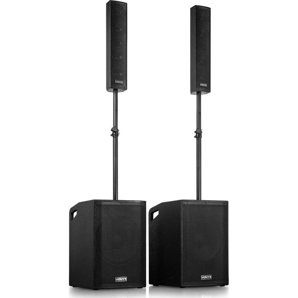 Dos torres de altavoces negras sobre fondo blanco.