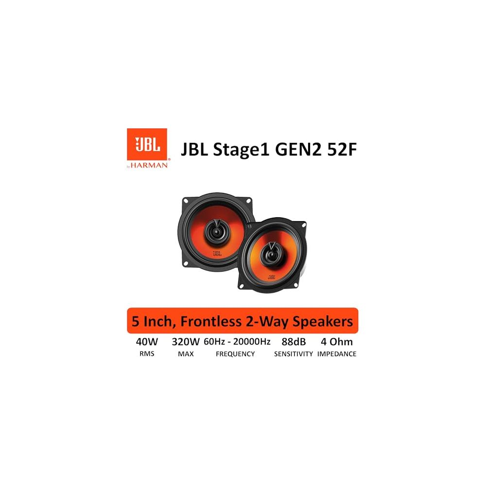 Deux haut-parleurs JBL de 5 pouces avec cônes orange et paniers noirs.