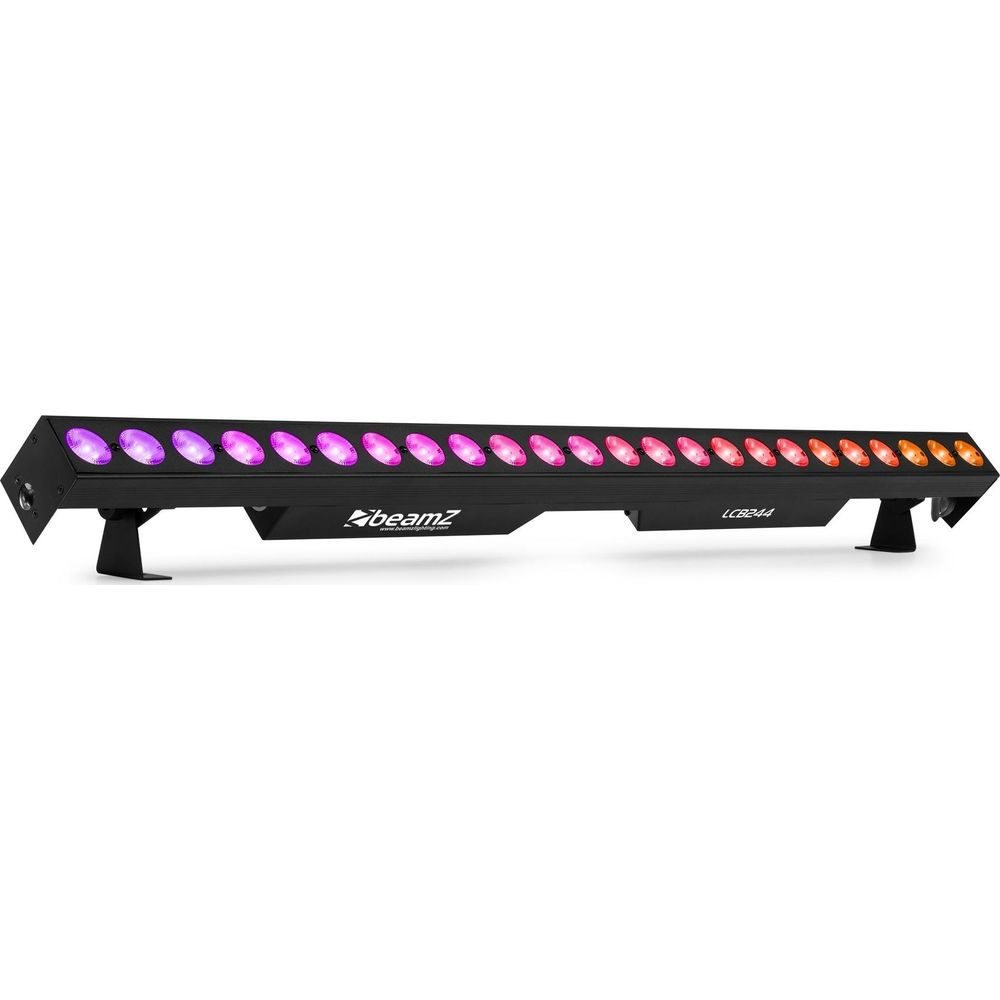 Una barra de luz negra con muchos LEDs de colores, de morado a naranja.