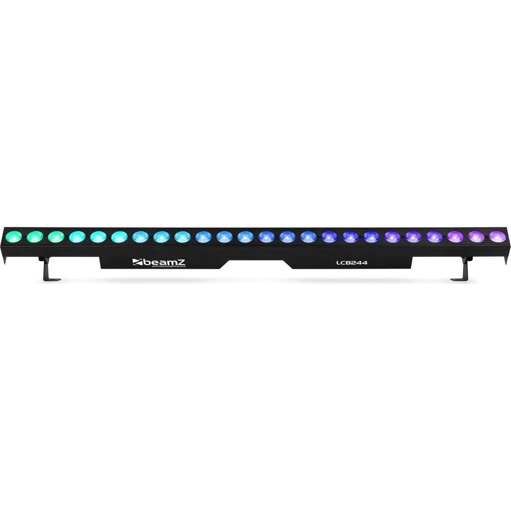 Una barra de luz negra con muchos LEDs de colores, de verde a morado.