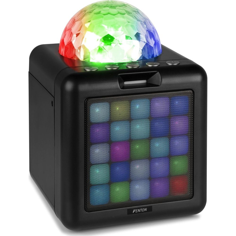Altavoz cúbico negro con bola de discoteca y luces de colores.