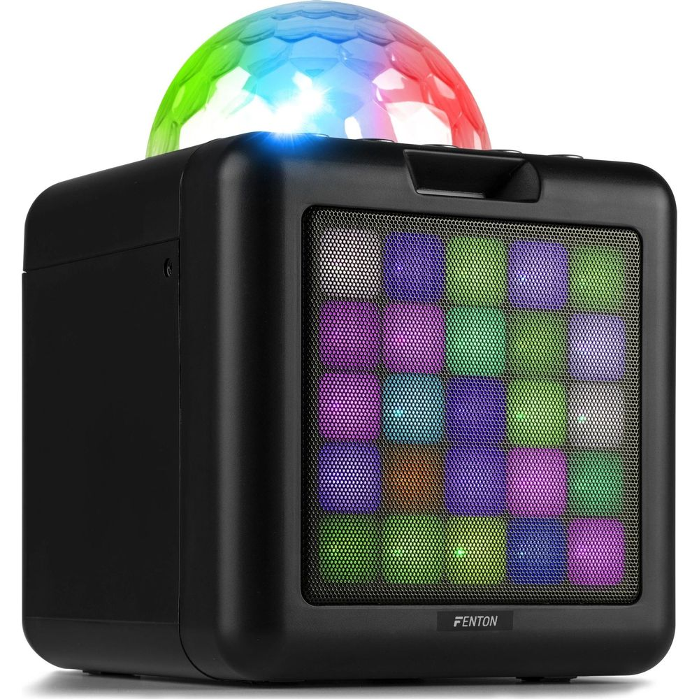 Altavoz negro con bola de discoteca y luces de colores en la rejilla.
