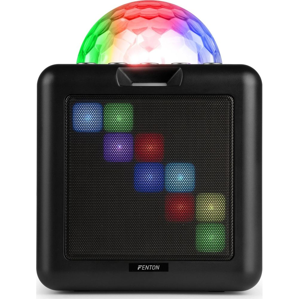 Altavoz negro con bola de discoteca colorida y luces.