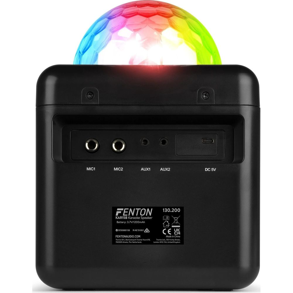 Altavoz de karaoke negro con luces coloridas arriba y puertos atrás.