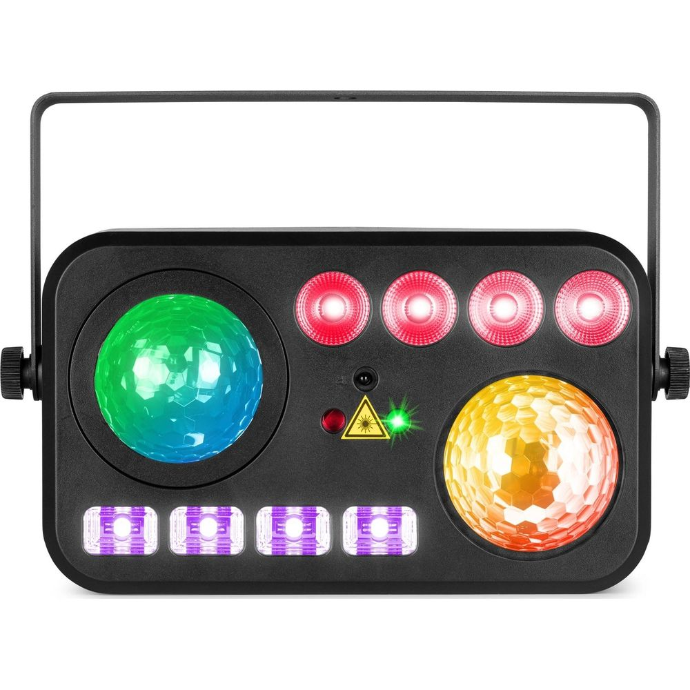 Dispositivo de efecto de luz negra con bolas giratorias, luces rojas y láser.