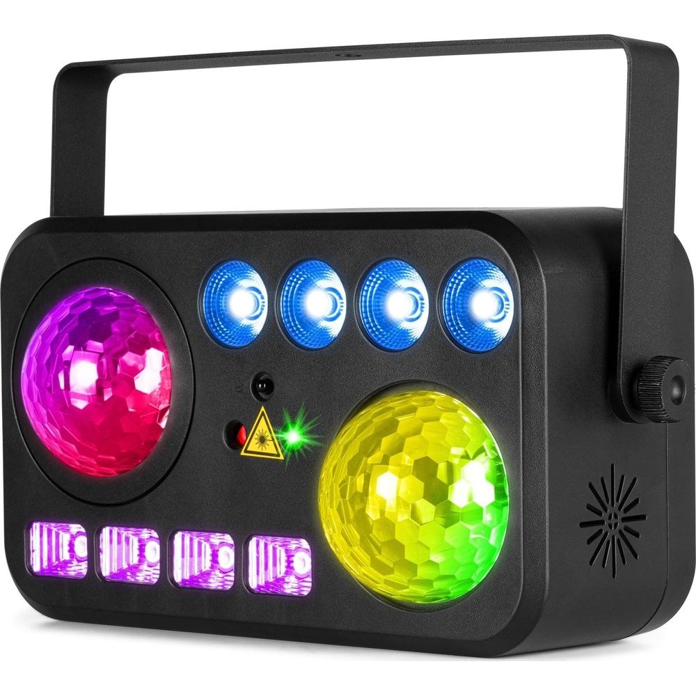 Un dispositivo de efectos de luz negro con luces de colores y un asa.