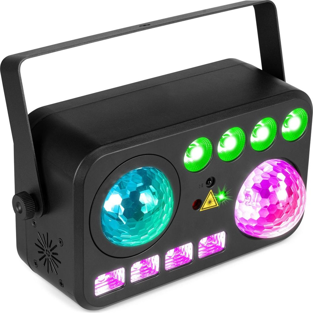 Un proyector de efectos de luz negro con luces azules, rosas y verdes.