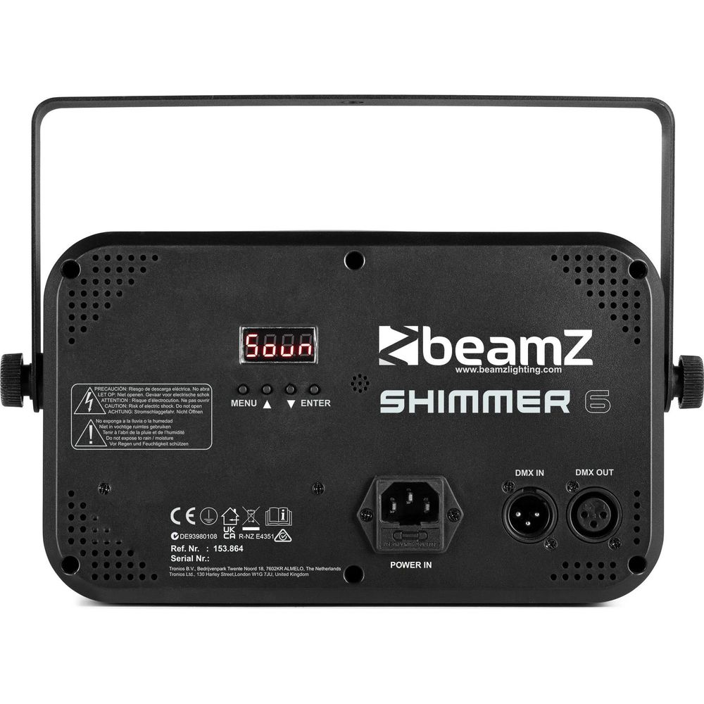 Reverso de un dispositivo de efectos de luz BeamZ Shimmer 6 negro con conectores.