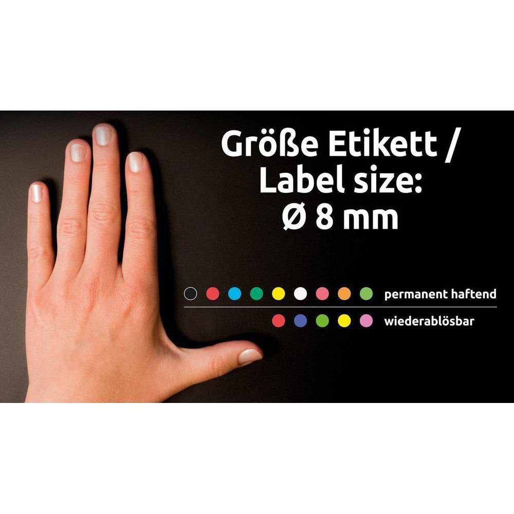 Hand neben Text und Farbkreis-Optionen für Etiketten.