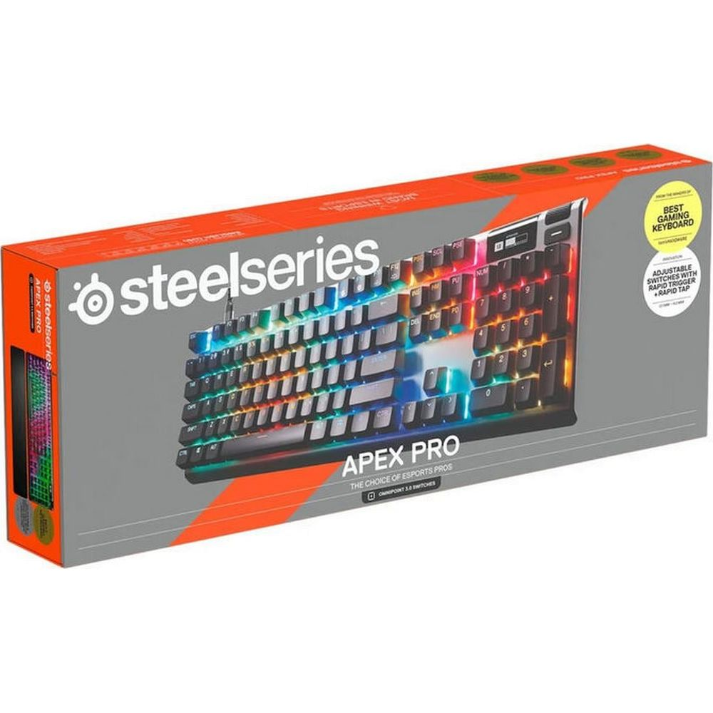 Tastiera SteelSeries Apex Pro nella sua scatola, con illuminazione RGB e marchio esports pro.