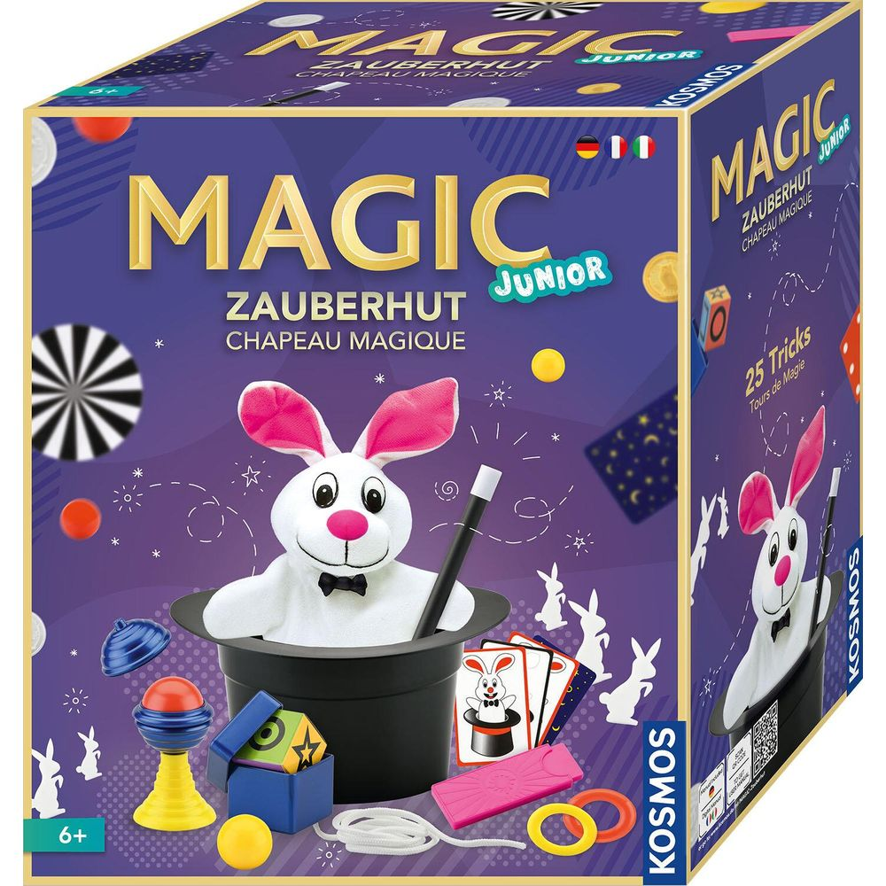 Zauberkasten mit weißem Hasen, Hut, Zauberstab und Zubehör. Text: MAGIC JUNIOR.