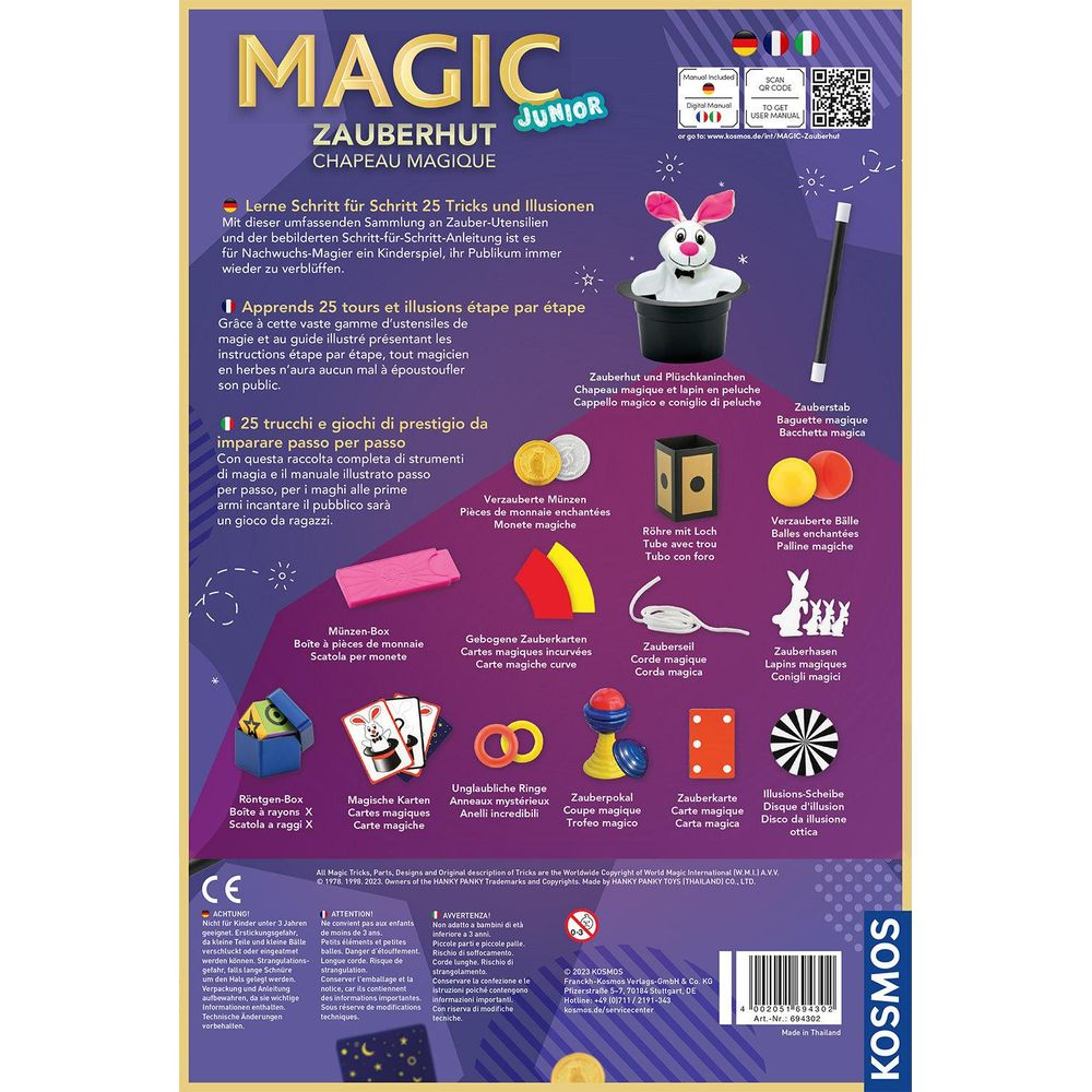 Eine Zauberspielzeug-Box mit einem Hut, Kaninchen, Zauberstab und verschiedenen magischen Requisiten.